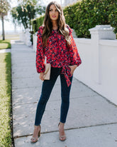 Special Delivery Floral Ruffle Tie Blouse